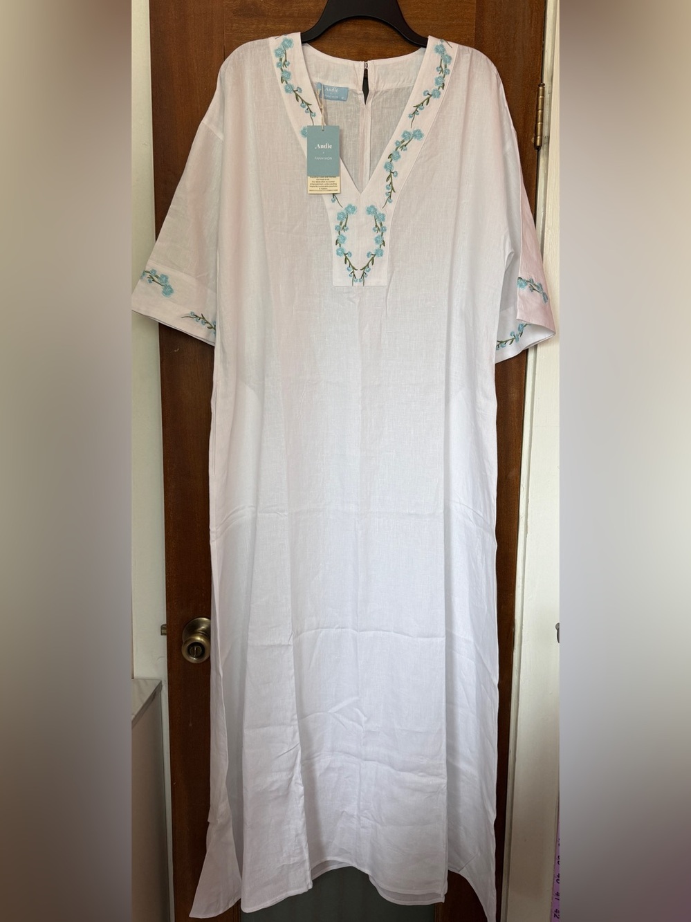 Andie x Fanm Mon Kepez Maxi LINEN Kaftan Dress Blue Floral Embroidery NWT MED